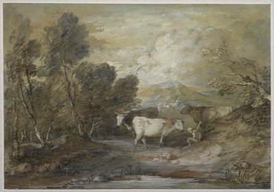 Um pastor com três vacas por uma piscina de Upland de Thomas Gainsborough