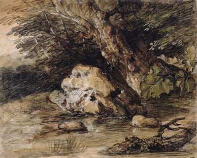 Uma paisagem montanhosa com figuras aproximando-se de uma ponte, c.1763 (wc e guache sobre papel) de Thomas Gainsborough