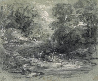Paisagem com carroça agrícola num caminho sinuoso entre árvores (carvão e guache sobre papel) de Thomas Gainsborough