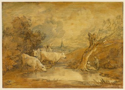 Paisagem com figuras, pastor e gado junto a um lago, e igreja ao longe de Thomas Gainsborough