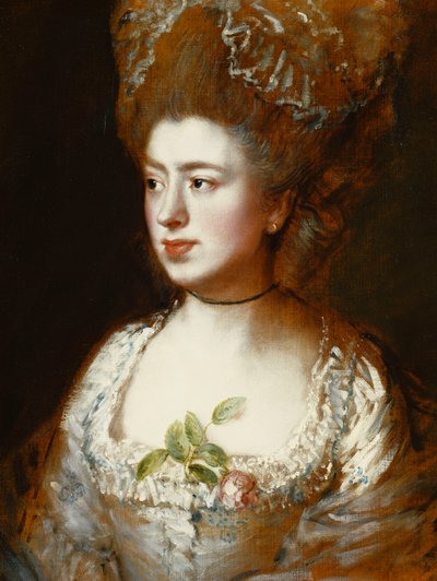 Retrato de Miss Mary Gainsborough, mais tarde Sra. Fischer, filha, cabeça e ombros do artista, de frente para a direita, usando um vestido azul e branco com uma rosa rosa no corpete, de Thomas Gainsborough