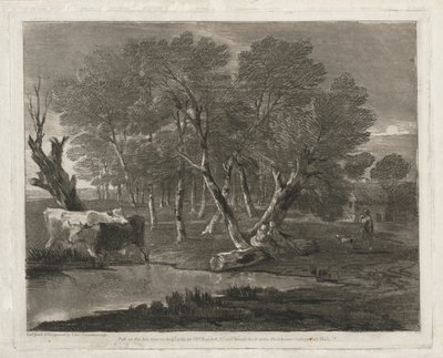 Paisagem arborizada com vacas ao lado de uma piscina, figuras e chalé, publicado em 1797. de Thomas Gainsborough