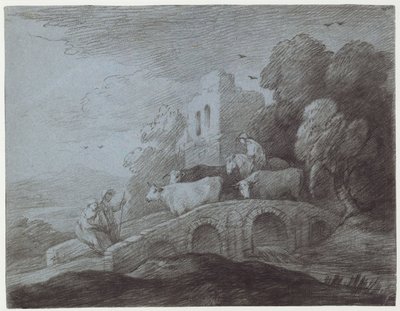 Paisagem arborizada com pastor dirigindo gado (gravura em papel) de Thomas Gainsborough