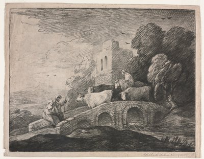 Paisagem arborizada com pastores conduzindo gado de Thomas Gainsborough