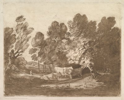 Paisagem arborizada com pastores e vacas, 1º de agosto de 1797. de Thomas Gainsborough
