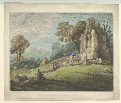 Paisagem arborizada com a lápide da leitura do camponês, amantes rústicos e igreja arruinada, 1º de agosto de 1797. de Thomas Gainsborough