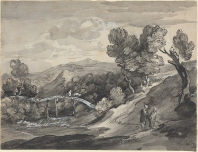Paisagem arborizada de terras altas com uma ponte de Thomas Gainsborough