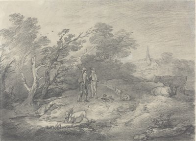 Bosques perto de uma vila com caçadores de coelhos e seus galgos de Thomas Gainsborough