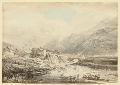Paisagem montanhosa com moinho de roda hidráulica superior e ponte de Thomas Girtin