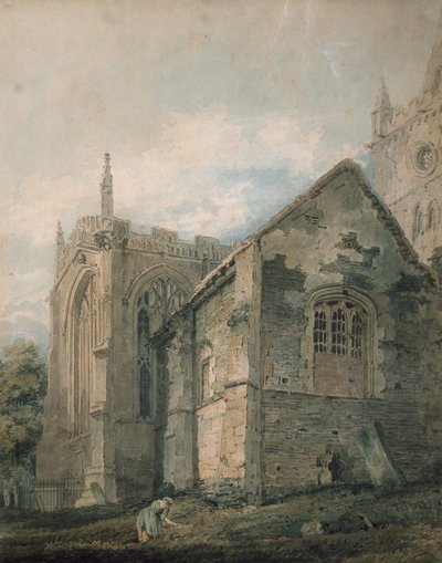 A Antiga Casa Charnel, Igreja da Santíssima Trindade, Stratford-upon-Avon (aquarela sobre indicações em grafite, tocada com a caneta) de Thomas Girtin