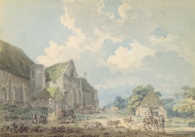 O celeiro do dízimo em Abbotsbury com a abadia na colina ..., c.1795 (wc sobre grafite no papel) de Thomas Girtin