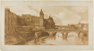 Vista de Pont au Change, do Teatro Municipal, Pont Neuf, Prisão Conciergerie, etc. tirada de Pont Notre Dame, de uma seleção de vinte das vistas mais pitorescas de Paris de Thomas Girtin
