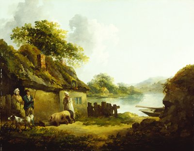 Uma família cigana fora de um celeiro em uma paisagem (óleo sobre tela) de Thomas Hand