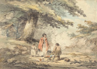 Paisagem arborizada com figuras à volta de um recipiente de cozedura de Thomas Hand