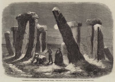 Stonehenge por Moonlight, do novo drama, o anel de Borgia, no teatro Adelphi de Thomas Harrington Wilson