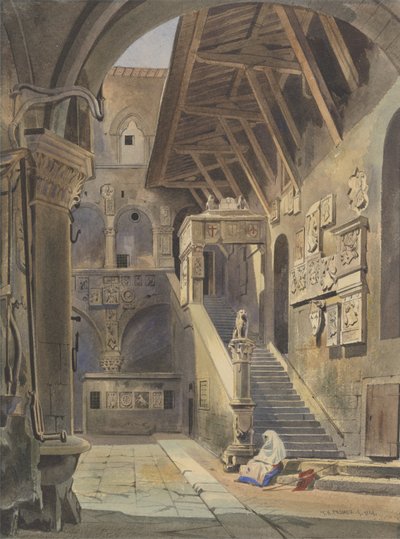 Tribunal do Bargello, Florença, 1839 (wc com tinta e lápis sobre papel) de Thomas Hartley Cromek