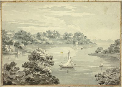 Barcos à vela no lago com casas perto da costa de Thomas Hearne