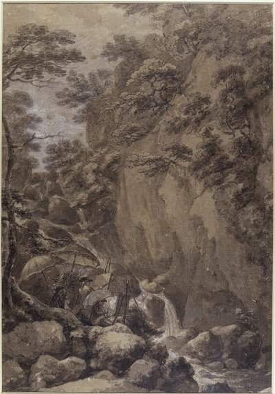 Sir George Beaumont e Joseph Farington pintando uma cachoeira, 1777 (caneta e tinta com papel) de Thomas Hearne