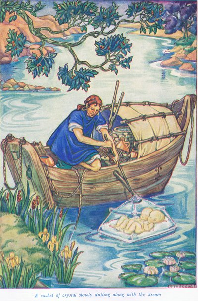 Um caixão de cristal a flutuar ao longo do riacho (litografia a cores) de Thomas Heath Robinson