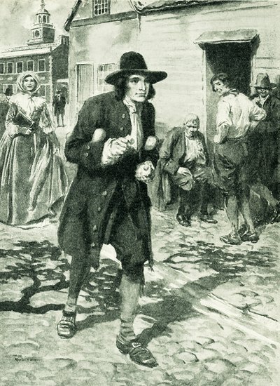 Benjamin Franklin a chegar a Filadélfia (litografia) de Thomas Heath Robinson