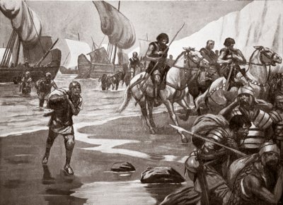 O Segundo Desembarque de César, 54 a.C., ilustração de "Hutchinson