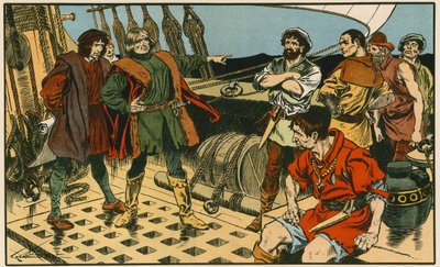 Cristóvão Colombo na sua viagem à América (litografia a cores) de Thomas Heath Robinson