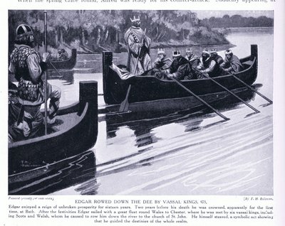 Edgar remado pelo rio Dee por reis vassalos AD973 (litografia) de Thomas Heath Robinson