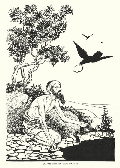 Elias alimentado pelos corvos (litografia) de Thomas Heath Robinson