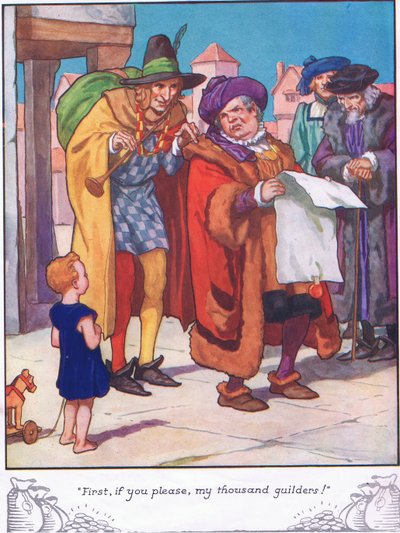 "Primeiro, se faz favor, os meus mil florins" (litografia a cores) de Thomas Heath Robinson