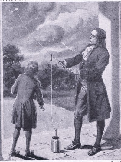 Franklin a provar o relâmpago e o fenómeno elétrico, ilustração do "Cassell