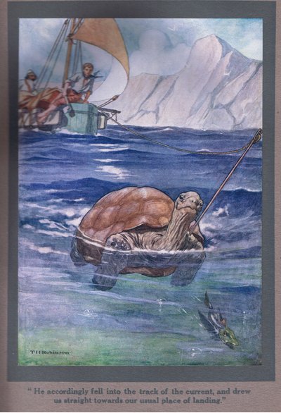 Assim, caiu na pista da corrente e conduziu-nos diretamente para o nosso local de desembarque habitual (litografia a cores) de Thomas Heath Robinson