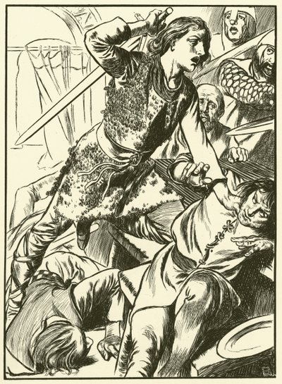 Hereward e os seus homens atacam os normandos (gravura) de Thomas Heath Robinson