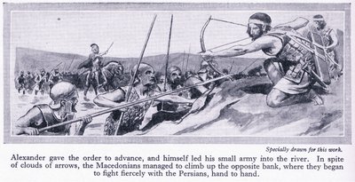 Como Alexandre conquistou o seu império: Dario, rei da Pérsia, reuniu um grande exército, que foi derrotado pelos macedónios em 334 a.C., c.1950 (litografia) de Thomas Heath Robinson