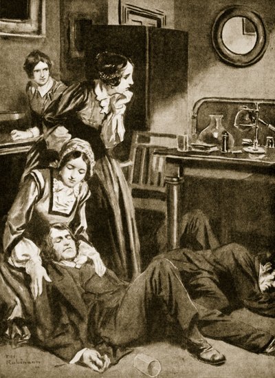 James Simpson e os seus assistentes descobrem o clorofórmio, novembro de 1847 (litografia) de Thomas Heath Robinson