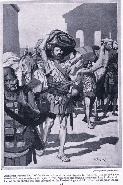 Saquear o tesouro de uma cidade: Alexandre tornou-se senhor da Pérsia. Carregou todos os tesouros de Persépolis para se tornar muito rico, c.1950 (litografia) de Thomas Heath Robinson