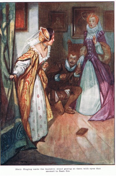 Maria, afastando a tapeçaria, ficou a olhar para eles com olhos que pareciam faiscar (litografia a cores) de Thomas Heath Robinson