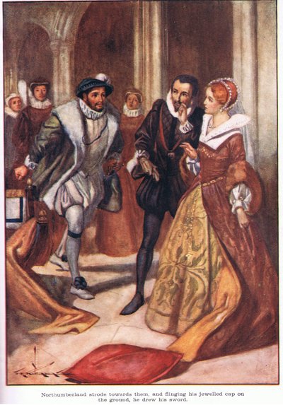 Northumberland dirigiu-se para eles e, atirando para o chão o seu chapéu de jóias, desembainhou a espada (litografia a cores) de Thomas Heath Robinson
