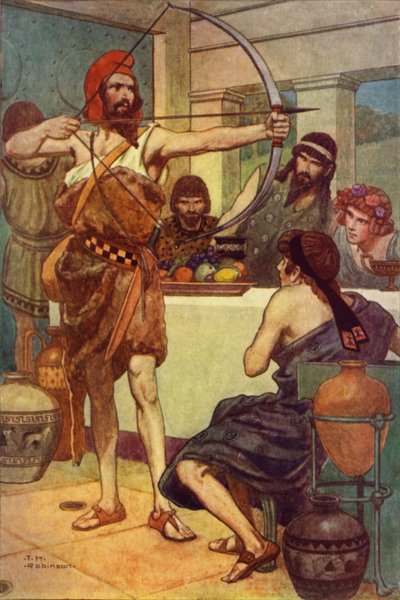 Odisseu castiga os pretendentes (litografia a cores) de Thomas Heath Robinson
