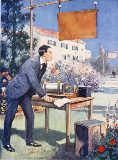 Uma das primeiras experiências de Marconi (litografia a cores) de Thomas Heath Robinson