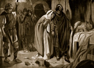 Rainha Ethelburga persuadindo Ine de Wessex a renunciar à coroa, 728, ilustração de "Hutchinson