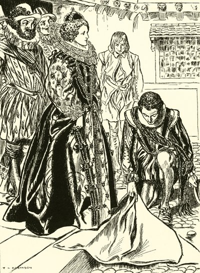 Raleigh estende o seu manto perante Isabel (gravura) de Thomas Heath Robinson
