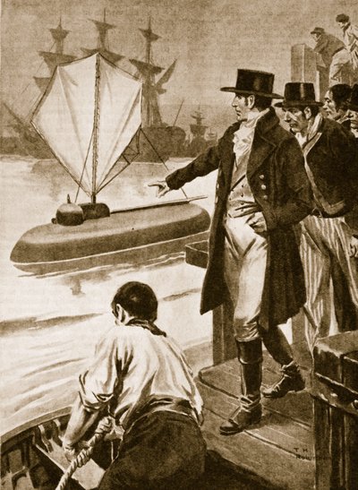Robert Fulton em França, mostrando o seu submarino "Nautilus" em funcionamento (litografia) de Thomas Heath Robinson