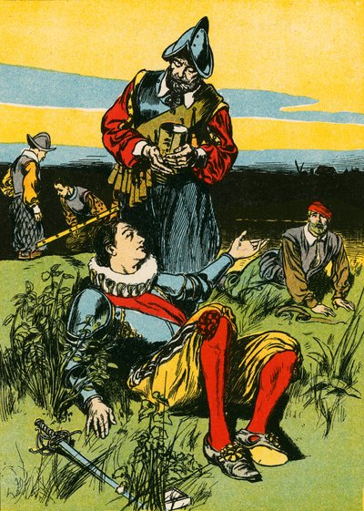 Sir Philip Sidney e o soldado moribundo (litografia a cores) de Thomas Heath Robinson