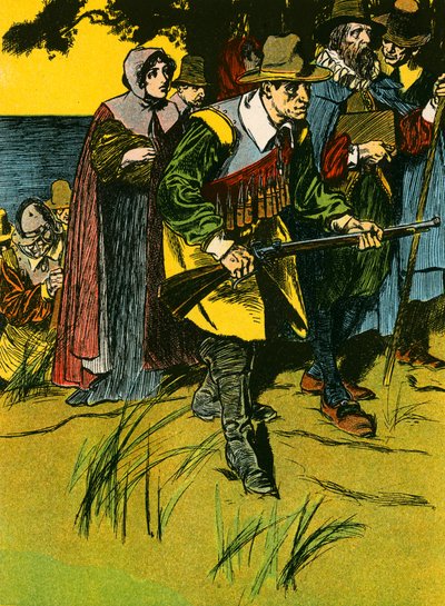 Os Padres Peregrinos a entrar no Novo Mundo (litografia a cores) de Thomas Heath Robinson