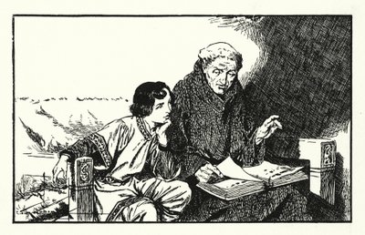O futuro rei Alfredo a ser educado (litografia) de Thomas Heath Robinson