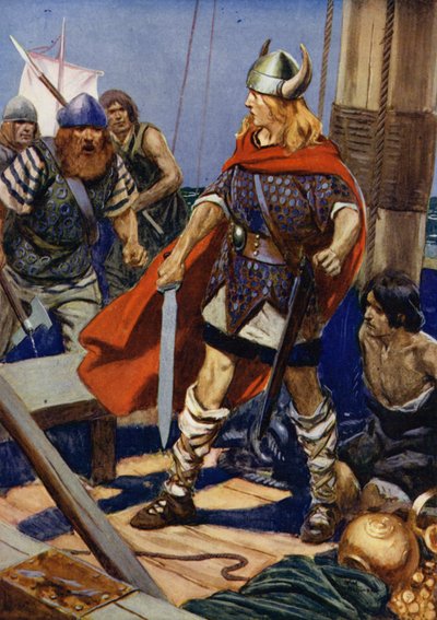 O barco a remos bateu as asas e dele saiu Guldred, o Lobo, com Ulgar e outro a apoiá-lo: cena de The Storming of Rovan Hold (litografia a cores) de Thomas Heath Robinson