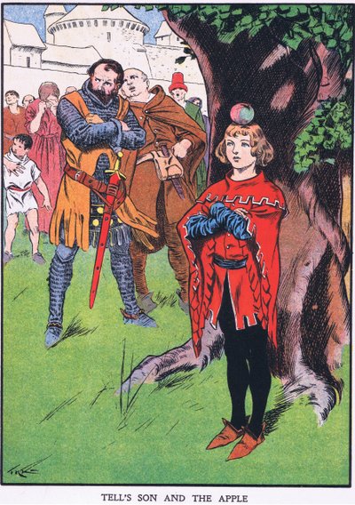O filho de Guilherme Tell e a maçã (litografia a cores) de Thomas Heath Robinson