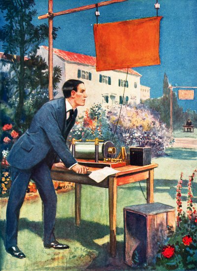 Telegrafia sem fios, uma das primeiras experiências de Marconi (litografia a cores) de Thomas Heath Robinson