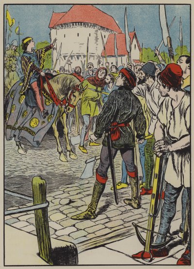 O jovem rei Ricardo reprime a rebelião (litografia a cores) de Thomas Heath Robinson