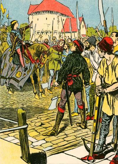 O jovem rei Ricardo reprime a rebelião (litografia a cores) de Thomas Heath Robinson